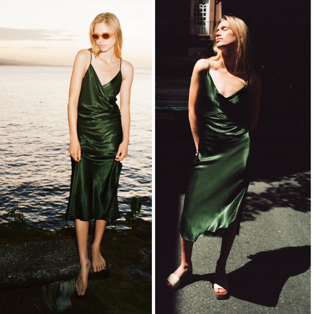 🍀 Zara Satin Effect Lingerie Style Ruched Slip MIDI Dress in Green